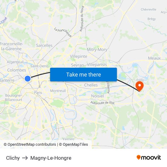 Clichy to Magny-Le-Hongre map