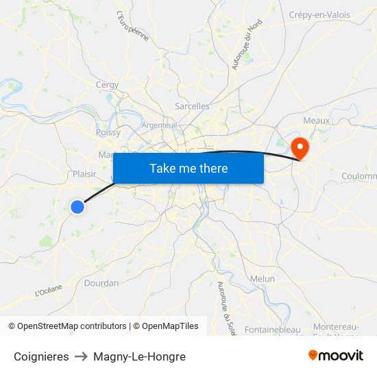 Coignieres to Magny-Le-Hongre map