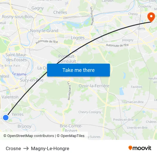 Crosne to Magny-Le-Hongre map