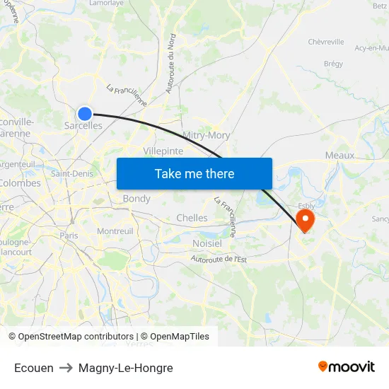 Ecouen to Magny-Le-Hongre map