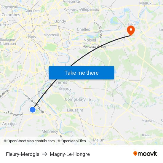 Fleury-Merogis to Magny-Le-Hongre map