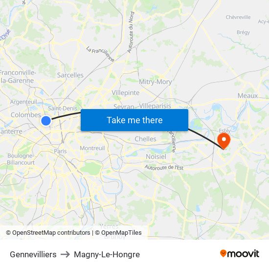 Gennevilliers to Magny-Le-Hongre map