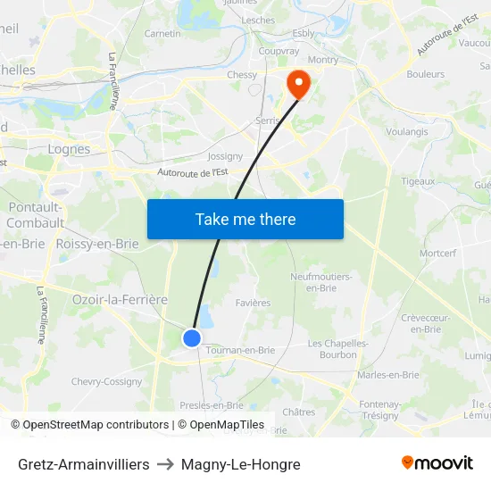 Gretz-Armainvilliers to Magny-Le-Hongre map