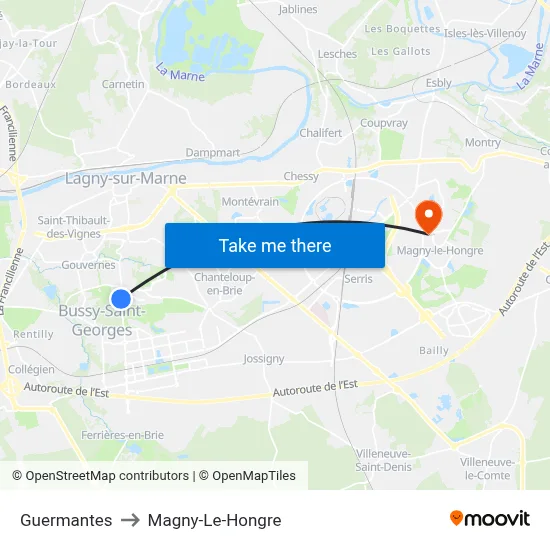 Guermantes to Magny-Le-Hongre map