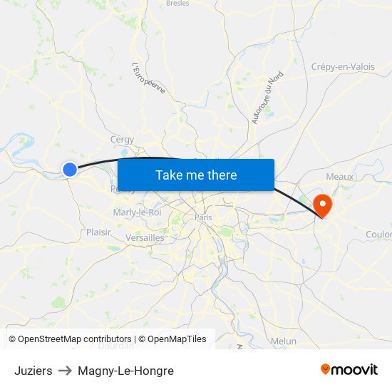 Juziers to Magny-Le-Hongre map