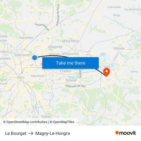 Le Bourget to Magny-Le-Hongre map