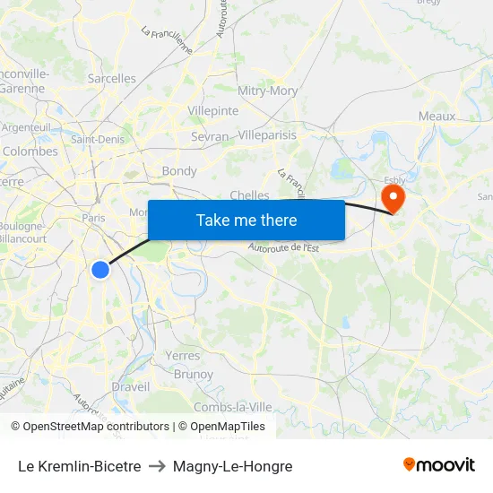 Le Kremlin-Bicetre to Magny-Le-Hongre map