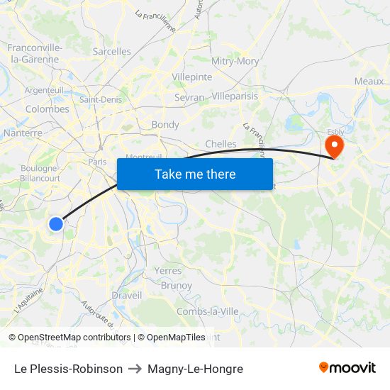 Le Plessis-Robinson to Magny-Le-Hongre map