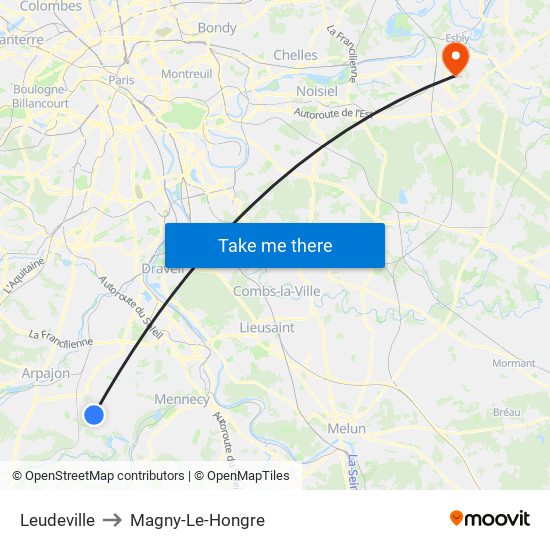 Leudeville to Magny-Le-Hongre map