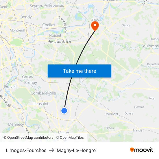 Limoges-Fourches to Magny-Le-Hongre map