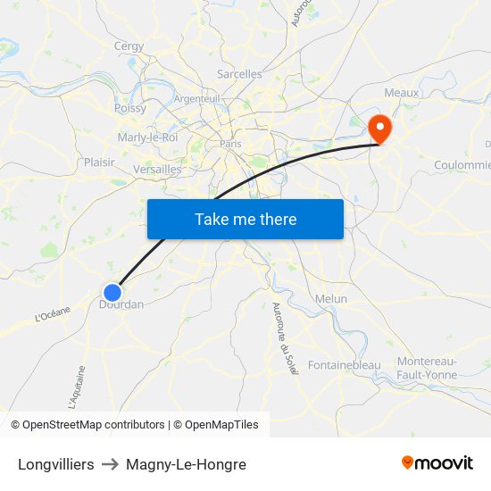 Longvilliers to Magny-Le-Hongre map
