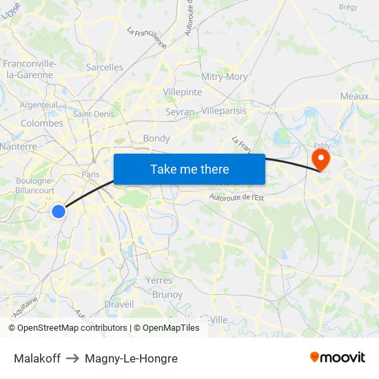 Malakoff to Magny-Le-Hongre map