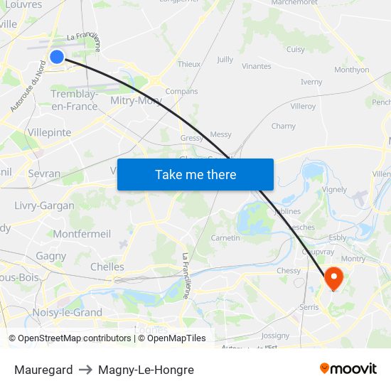 Mauregard to Magny-Le-Hongre map