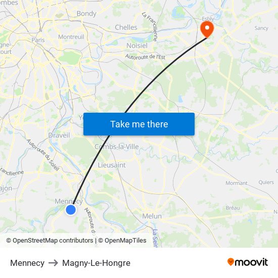 Mennecy to Magny-Le-Hongre map
