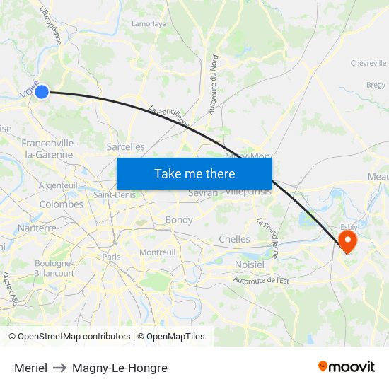 Meriel to Magny-Le-Hongre map