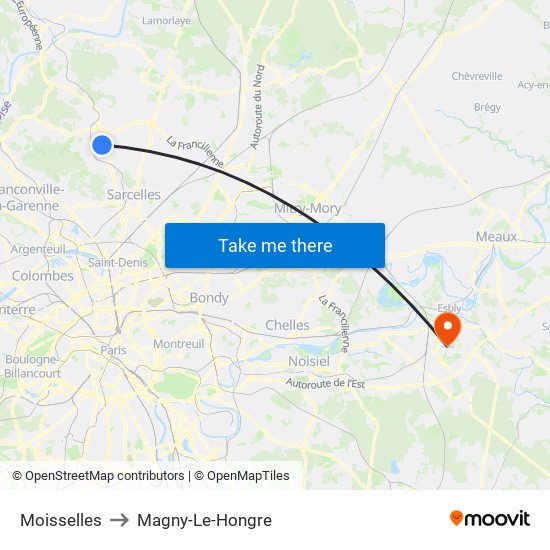Moisselles to Magny-Le-Hongre map