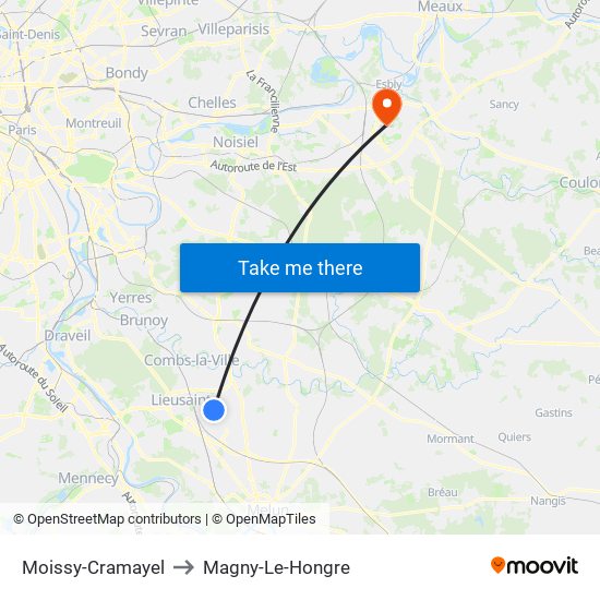 Moissy-Cramayel to Magny-Le-Hongre map