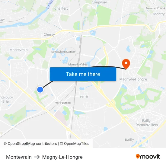 Montevrain to Magny-Le-Hongre map