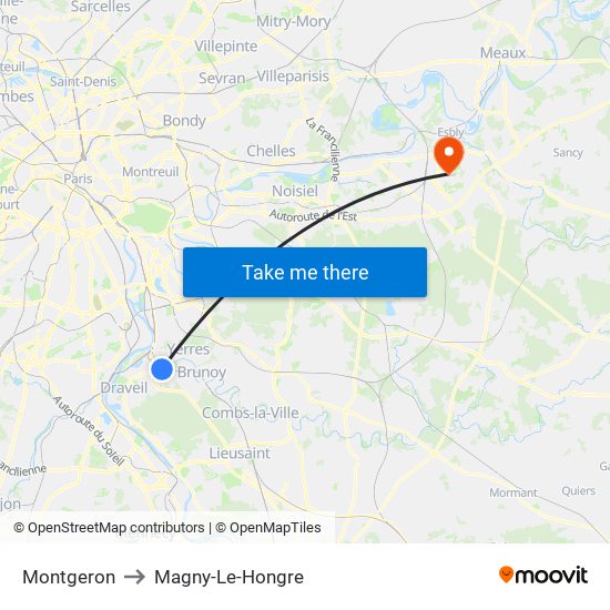 Montgeron to Magny-Le-Hongre map