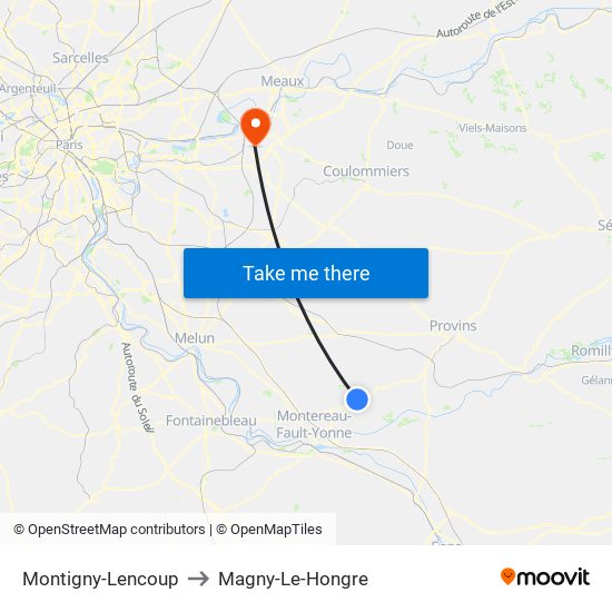Montigny-Lencoup to Magny-Le-Hongre map
