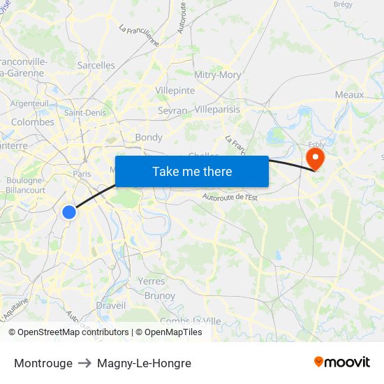 Montrouge to Magny-Le-Hongre map