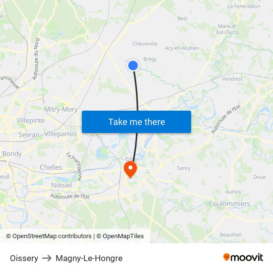 Oissery to Magny-Le-Hongre map