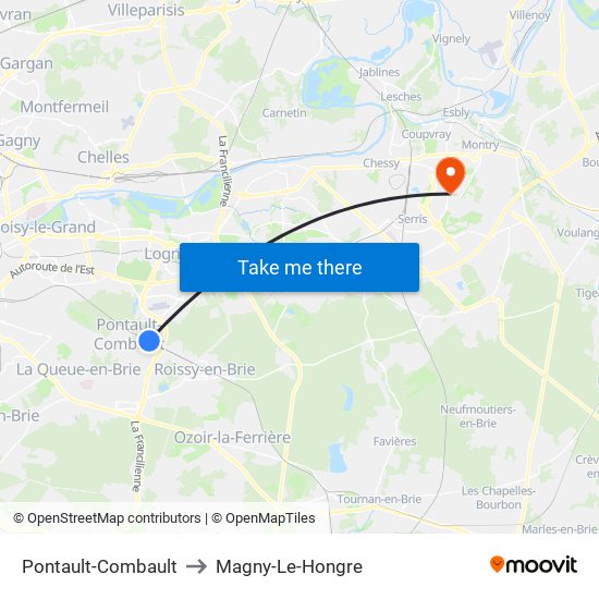 Pontault-Combault to Magny-Le-Hongre map