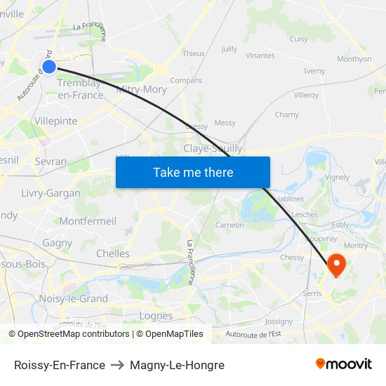 Roissy-En-France to Magny-Le-Hongre map