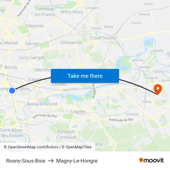 Rosny-Sous-Bois to Magny-Le-Hongre map