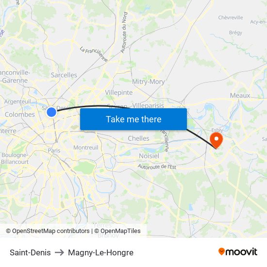 Saint-Denis to Magny-Le-Hongre map