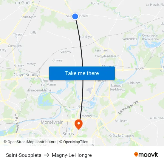 Saint-Soupplets to Magny-Le-Hongre map