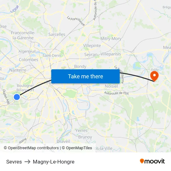 Sevres to Magny-Le-Hongre map