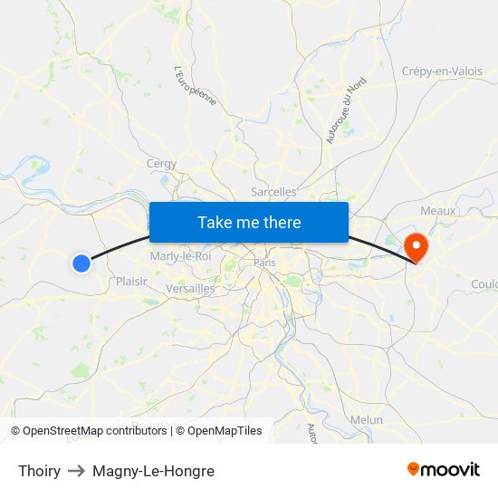 Thoiry to Magny-Le-Hongre map
