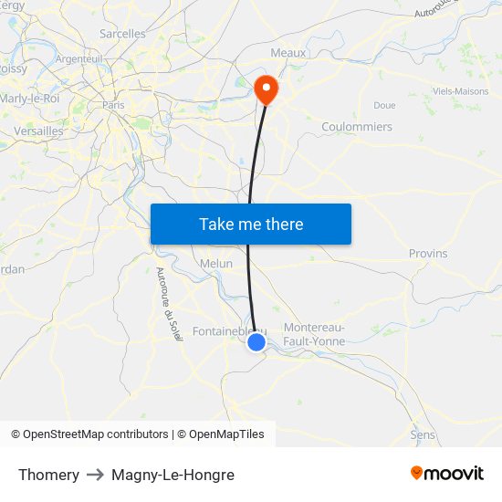 Thomery to Magny-Le-Hongre map