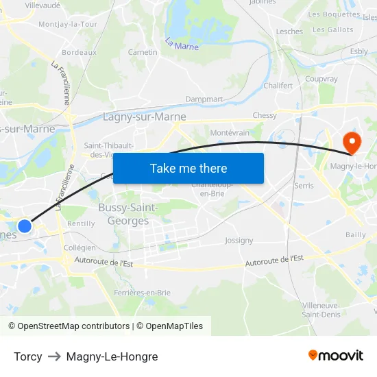 Torcy to Magny-Le-Hongre map