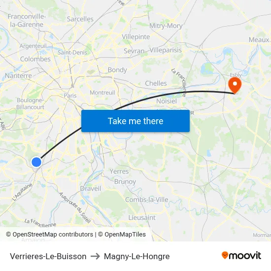 Verrieres-Le-Buisson to Magny-Le-Hongre map