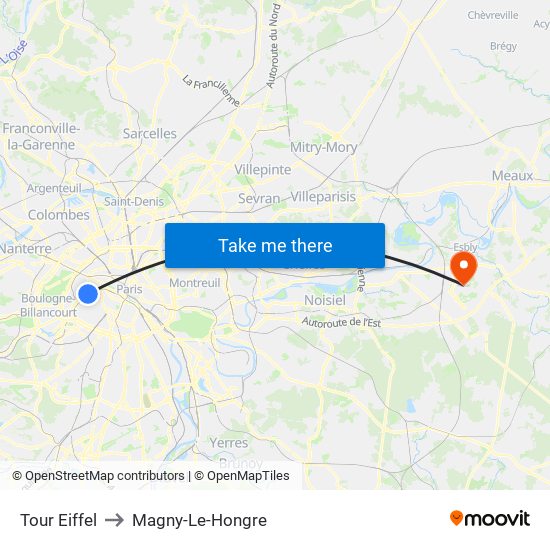 Eiffel Tower to Magny-Le-Hongre map