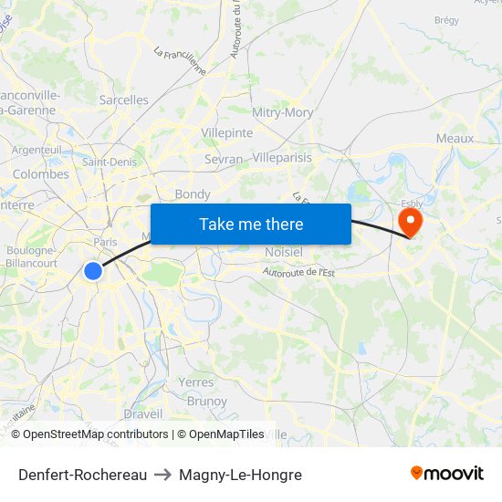 Denfert-Rochereau to Magny-Le-Hongre map