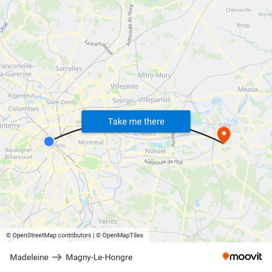 Madeleine to Magny-Le-Hongre map