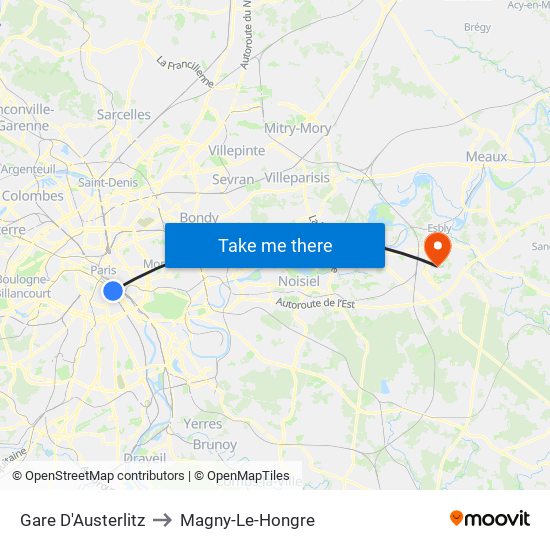 Gare D'Austerlitz to Magny-Le-Hongre map