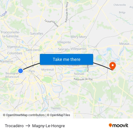 Trocadéro to Magny-Le-Hongre map