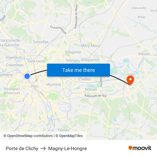 Porte de Clichy to Magny-Le-Hongre map