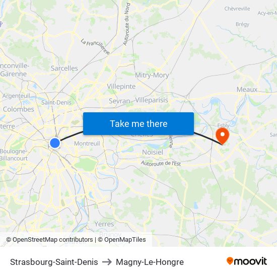 Strasbourg-Saint-Denis to Magny-Le-Hongre map