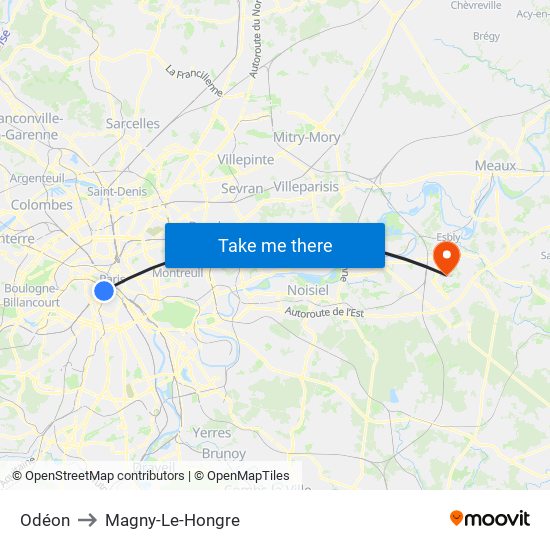 Odéon to Magny-Le-Hongre map