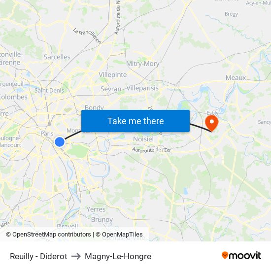 Reuilly - Diderot to Magny-Le-Hongre map