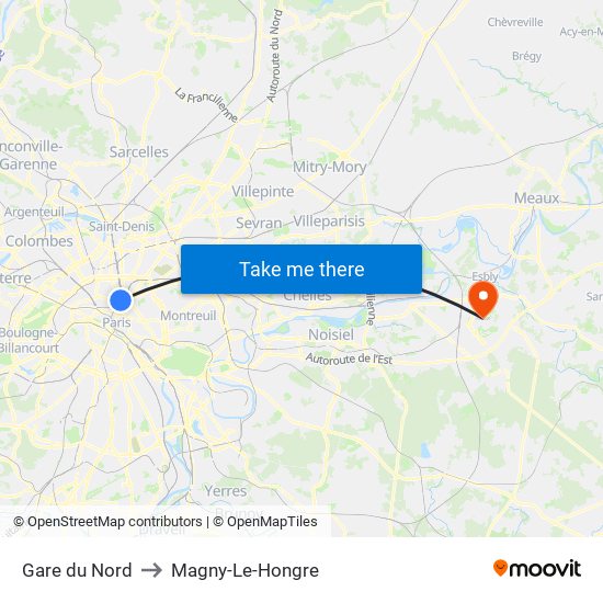 Gare du Nord to Magny-Le-Hongre map