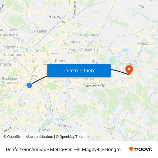 Denfert-Rochereau - Métro-Rer to Magny-Le-Hongre map