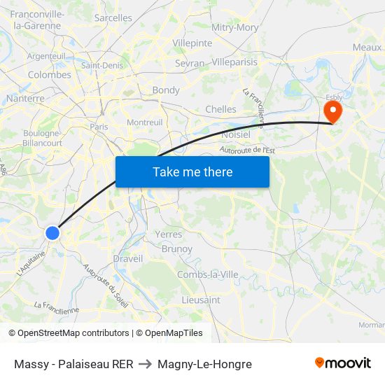 Massy - Palaiseau RER to Magny-Le-Hongre map