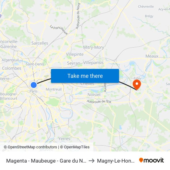 Magenta - Maubeuge - Gare du Nord to Magny-Le-Hongre map