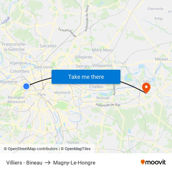 Villiers - Bineau to Magny-Le-Hongre map